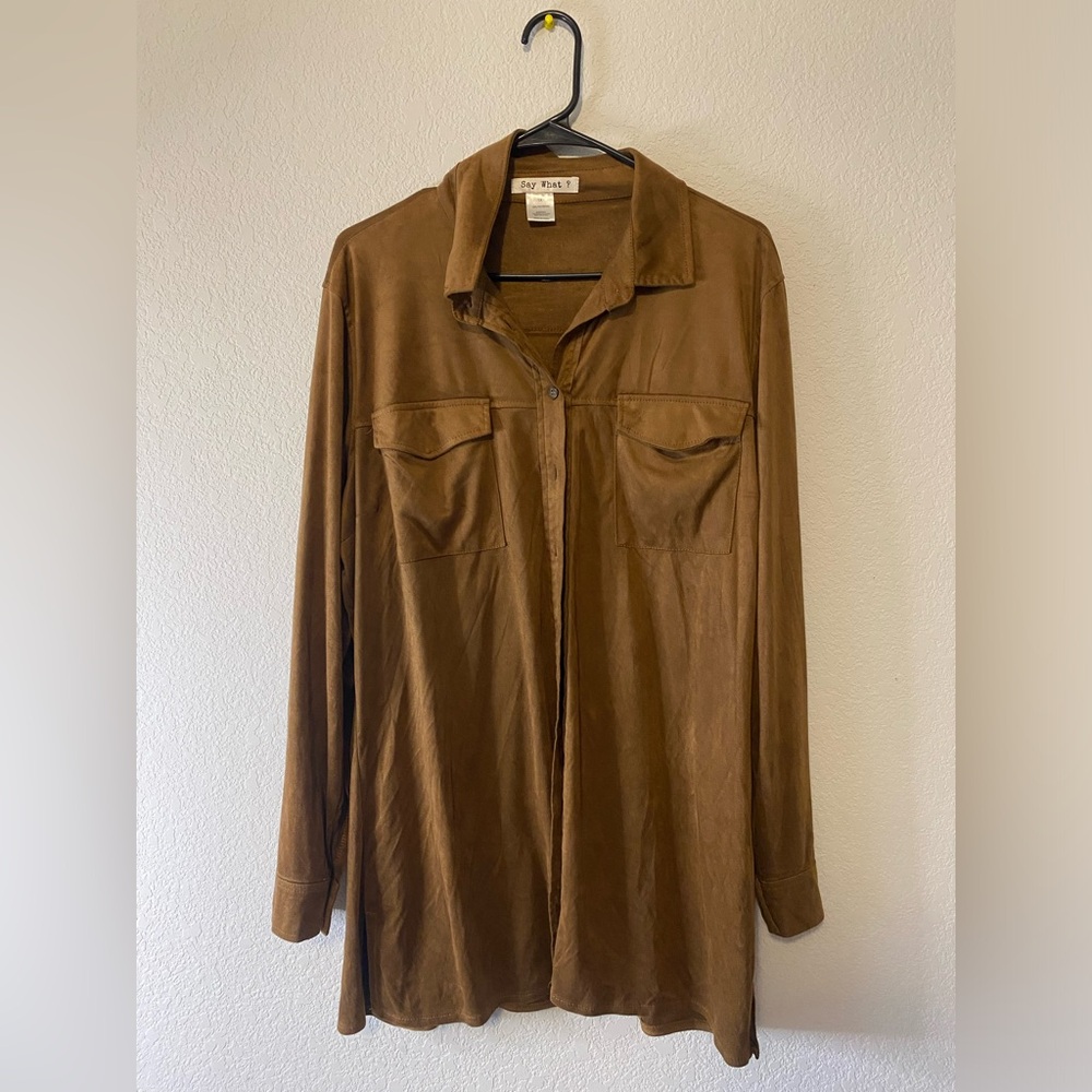 Say What? Women’s Brown Button Up Long Sleeve Top 1X
